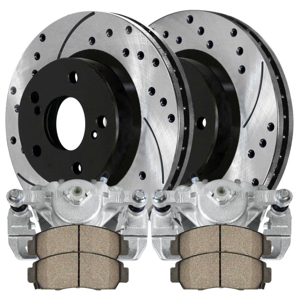 Front Brake Calipers Ceramic Pads Drilled Slotted Rotors Black Kit Driver and Passenger Side - Part # BCPKG00125