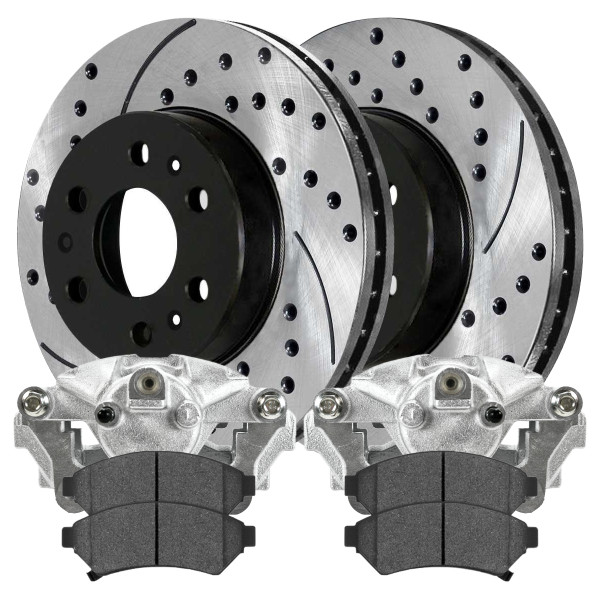 Front Brake Calipers Ceramic Pads Drilled Slotted Rotors Black Kit Driver and Passenger Side - Part # BCPKG00147