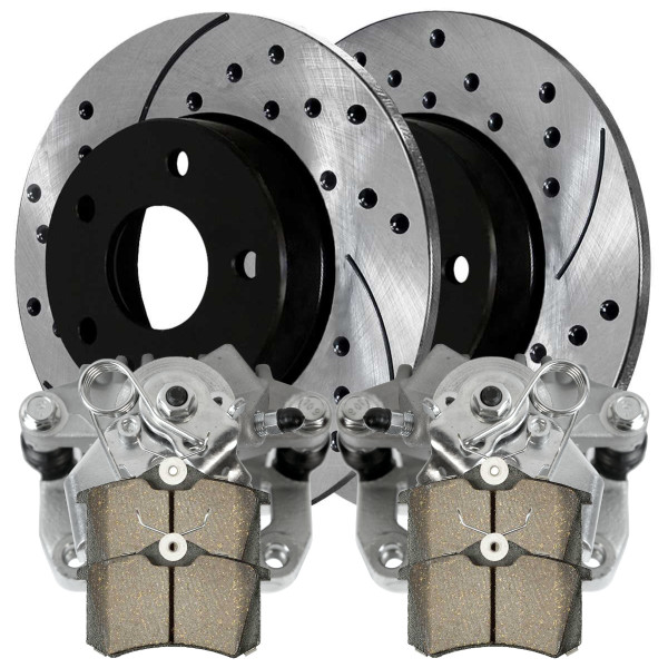 Rear Brake Calipers Ceramic Pads Drilled Slotted Rotors Black Kit Driver and Passenger Side - Part # BCPKG00187