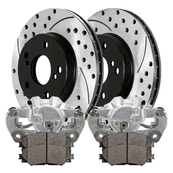 Front Brake Calipers Ceramic Pads Drilled Slotted Rotors Black Kit Driver and Passenger Side - Part # BCPKG00197