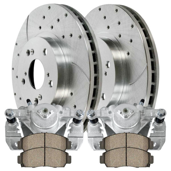 Front Brake Calipers Ceramic Pads Drilled Slotted Rotors Silver Kit Driver and Passenger Side - Part # BCPKG00273