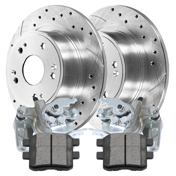 Rear Brake Calipers Ceramic Pads Drilled Slotted Rotors Silver Kit Driver and Passenger Side - Part # BCPKG00290