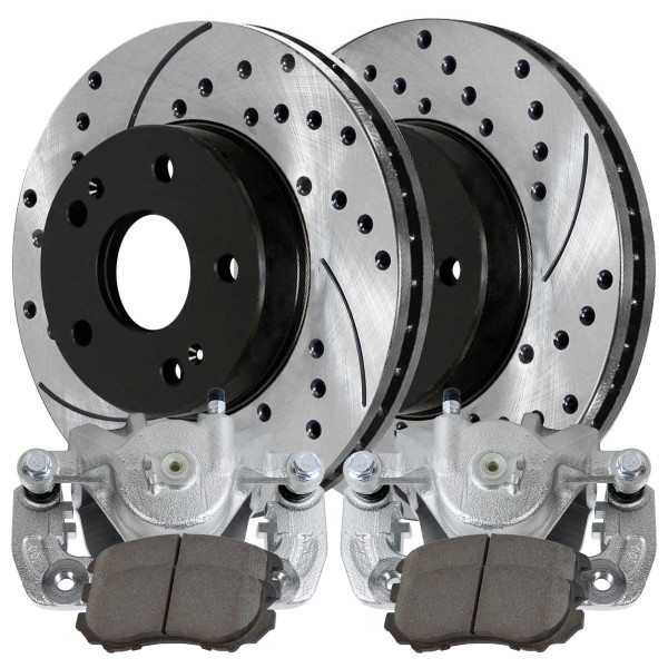 Front Brake Calipers Ceramic Pads Drilled Slotted Rotors Black Kit Driver and Passenger Side - Part # BCPKG00295