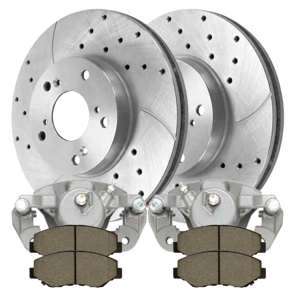 Front Brake Calipers Performance Ceramic Pads Drilled Slotted Rotors Silver Kit Driver and Passenger Side - Part # BCPKG0151
