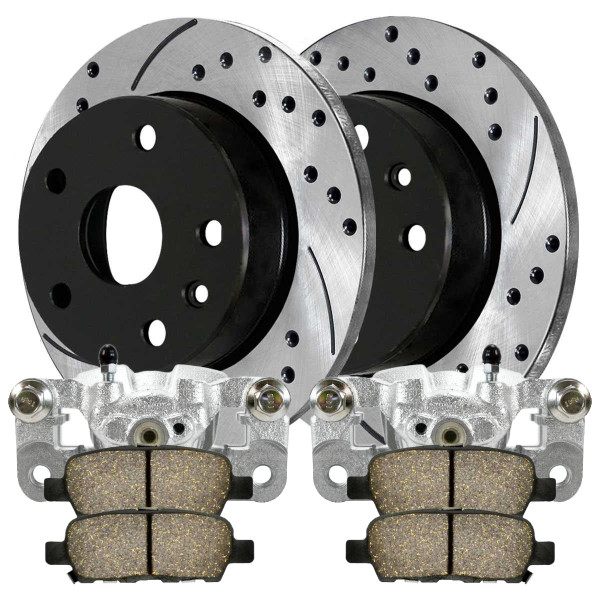 Rear Brake Calipers Performance Ceramic Pads Drilled Slotted Rotors Black Kit Driver and Passenger Side - Part # BCPKG0242