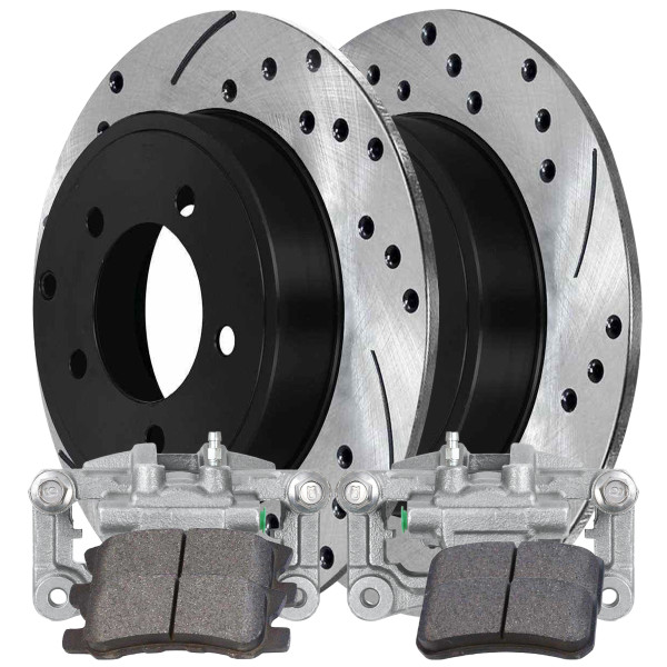 Rear Brake Calipers Ceramic Pads Drilled Slotted Rotors Black Kit Driver and Passenger Side - Part # BCPKG0645