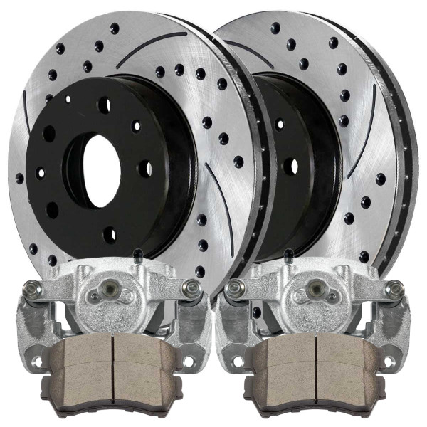 Front Brake Calipers Ceramic Pads Drilled Slotted Rotors Black Kit Driver and Passenger Side - Part # BCPKG0652