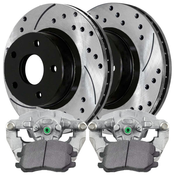Front Brake Calipers Ceramic Pads Drilled Slotted Rotors Black Kit Driver and Passenger Side - Part # BCPKG0667