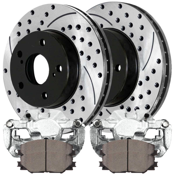 Front Brake Calipers Ceramic Pads Drilled Slotted Rotors Black Kit Driver and Passenger Side - Part # BCPKG0672