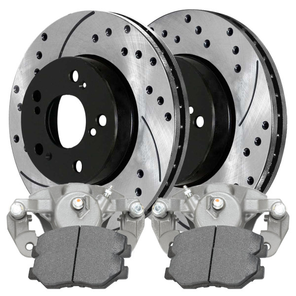 Front Brake Calipers Ceramic Pads Drilled Slotted Rotors Black Kit Driver and Passenger Side - Part # BCPKG0691