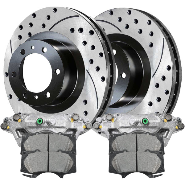 Front Brake Calipers Ceramic Pads Drilled Slotted Rotors Black Kit Driver and Passenger Side - Part # BCPKG0726