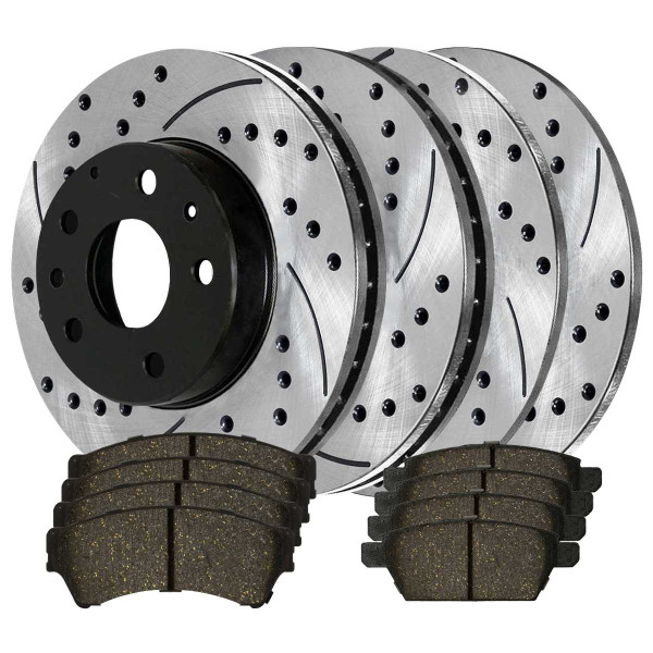 Front and Rear Ceramic Brake Pad and Performance Drilled and Slotted Rotor Bundle - Part # BRAKEPKG044