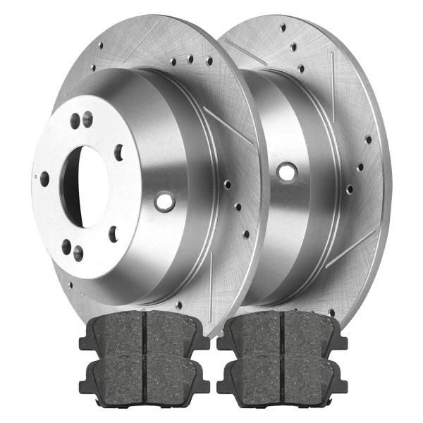 Rear Drilled Slotted Brake Rotors Silver and Performance Ceramic Pads Kit Driver and Passenger Side - Part # BRKPK220