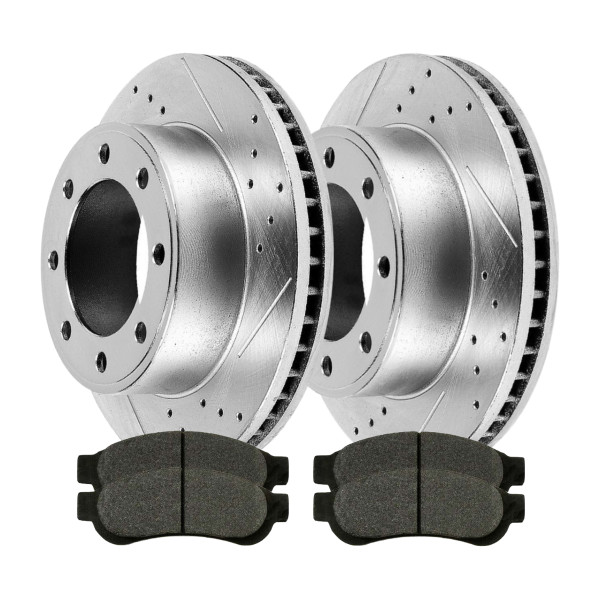 Rear Performance Drilled Slotted Brake Rotors Silver and Ceramic Pads Kit, Driver and Passenger Side - Part # BRKPKG003880