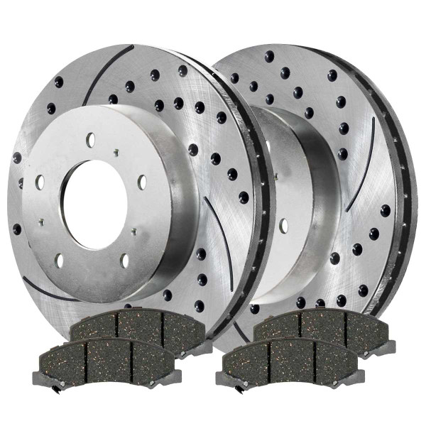 Front Ceramic Brake Pad and Performance Drilled and Slotted Rotor Bundle 11.92 Inch Rotor Diameter - Part # BRKPKG003952