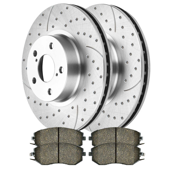 Front Performance Drilled Slotted Brake Rotors Silver and Ceramic Pads Kit, Driver and Passenger Side - Part # BRKPKG004024