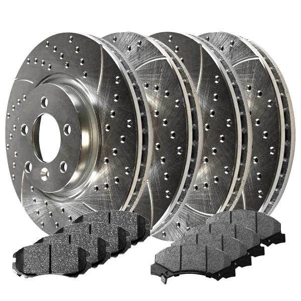 Front and Rear Performance Brake Pad and Performance Drilled and Slotted Rotor Bundle - Part # BRKPKG038558