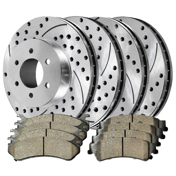 Front and Rear Ceramic Brake Pad and Performance Drilled and Slotted Rotor Bundle 325mm Rotor Diameter By 85mm Height Rear Rotors - Part # BRKPKG039572