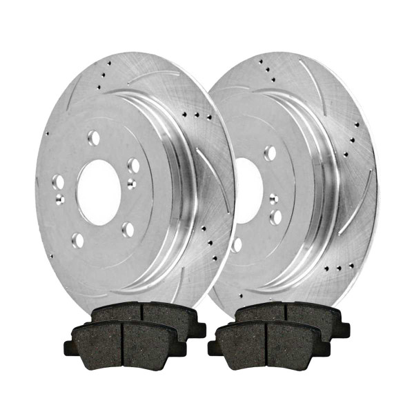 Rear Ceramic Brake Pad and Performance Drilled and Slotted Rotor Bundle 4 Wheel Disc - Part # BRKPKG10139
