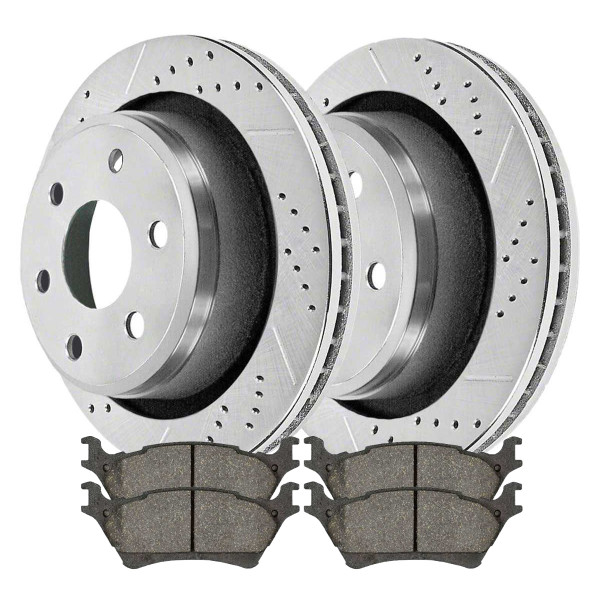 Rear Driver and Passenger Side Performance Drilled Slotted Brake Rotors Silver and Ceramic Pads Kit - Part # BRKPKG925