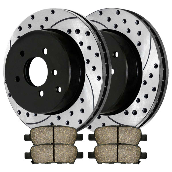 Rear Drilled Slotted Brake Rotors Black and Performance Ceramic Pads Kit Driver and Passenger Side - Part # PERF41350905