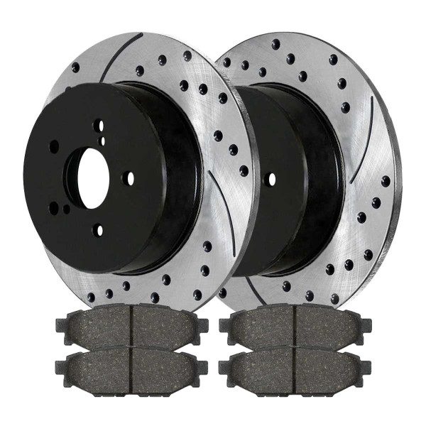 Rear Drilled Slotted Brake Rotors Black and Performance Ceramic Pads Kit Driver and Passenger Side - Part # PERF414051114