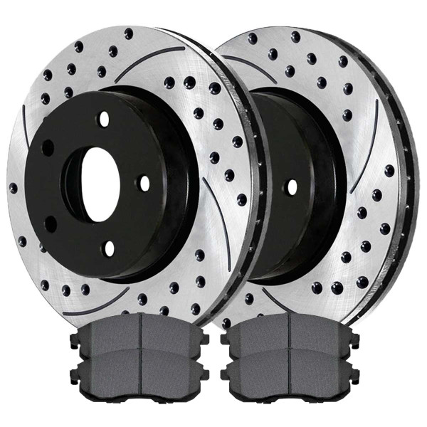 Front Drilled Slotted Brake Rotors Black and Performance Ceramic Pads Kit Driver and Passenger Side - Part # PERF41466815