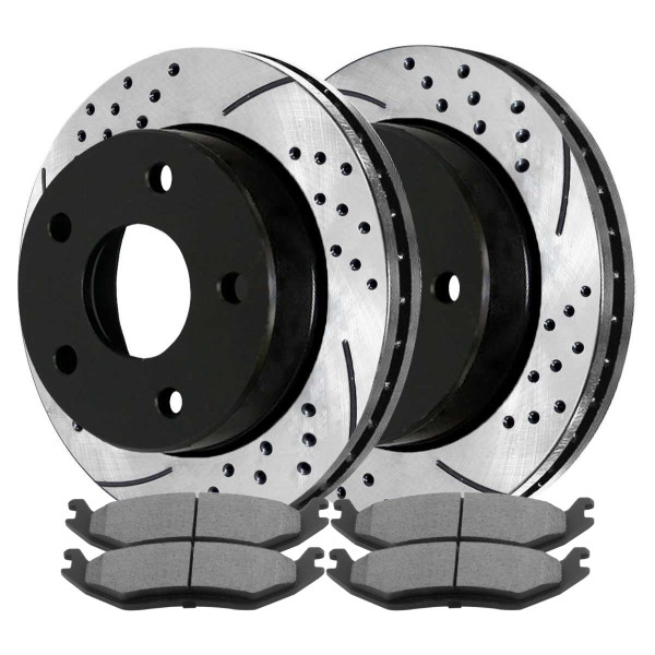 Rear Drilled Slotted Brake Rotors Black and Performance Ceramic Pads Kit Driver and Passenger Side - Part # PERF63008967