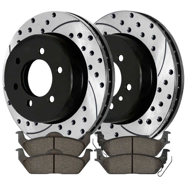 Rear Drilled Slotted Brake Rotors Black and Performance Ceramic Pads Kit Driver and Passenger Side - Part # PERF641131012