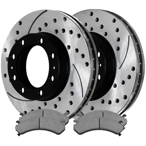 Front Performance Ceramic Brake Pad and Performance Drilled and Slotted Rotor Bundle 8 Stud - Part # PERF65074784