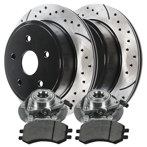 Front Wheel Bearing Hubs Drilled Slotted Rotors Black Ceramic Pads Kit Driver and Passenger Side - Part # RHBBK0744
