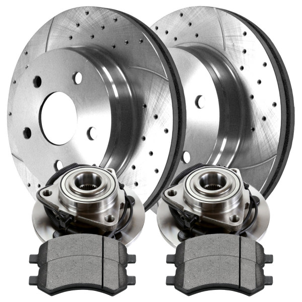 Front Wheel Bearing Hubs Drilled Slotted Rotors Silver Performance Ceramic Pads Kit Driver and Passenger Side - Part # RHBBK0895