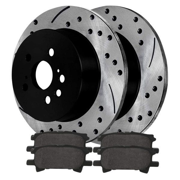 Rear Drilled Slotted Brake Rotors Black and Ceramic Pads Kit Driver and Passenger Side - Part # SCDPR4135841358996