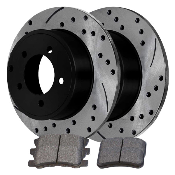Rear Drilled Slotted Brake Rotors Black and Ceramic Pads Kit Driver and Passenger Side - Part # SCDPR6304563045868