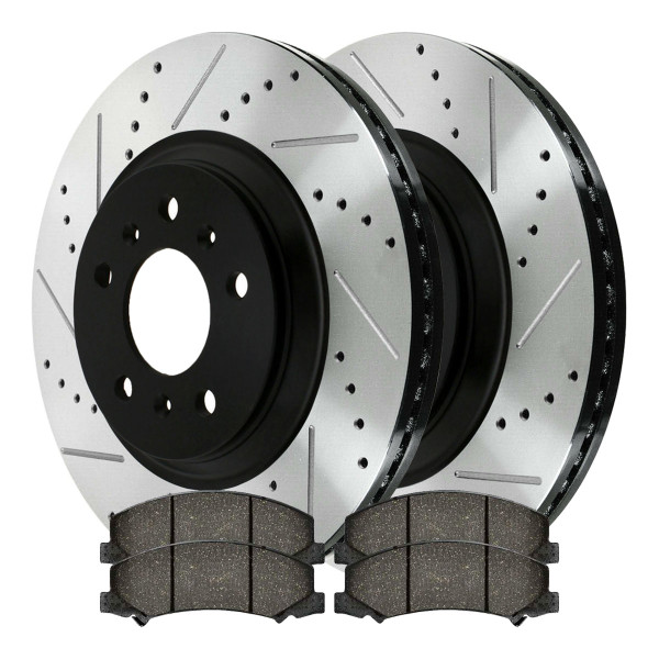 Front Drilled Slotted Brake Rotors Black and Ceramic Pads Kit Driver and Passenger Side - Part # SCDPR65128651281159