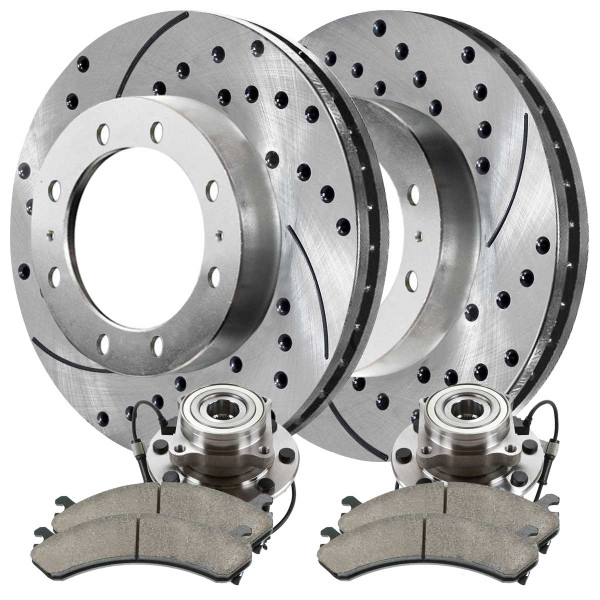 Front Wheel Hub Bearing Assembly Performance Brake Pad Performance Drilled and Slotted Rotor Bundle Silver 8 Stud 4WD - Part # SUSPKG10129